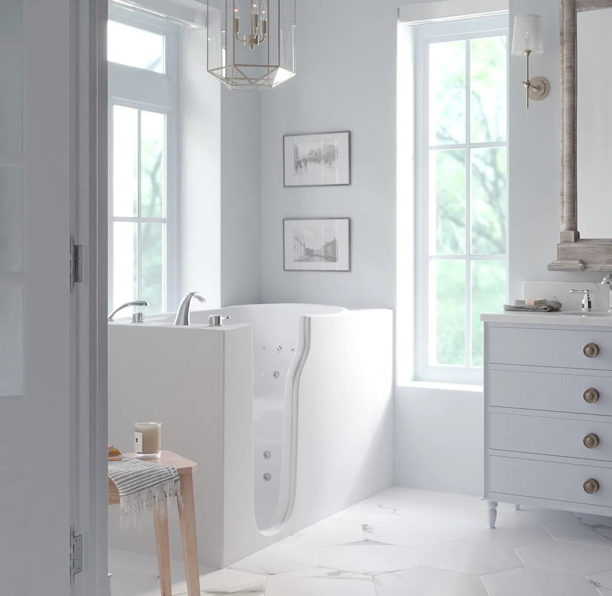 Walk in tub with safety features